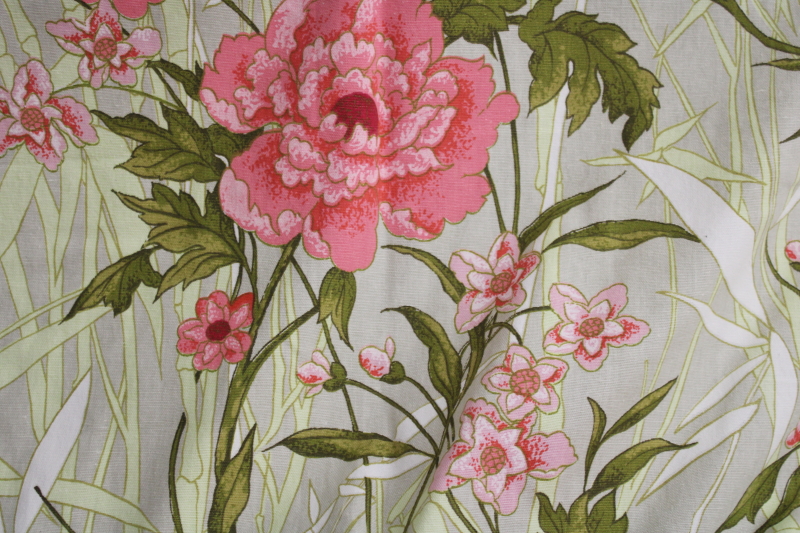 vintage cotton decorator fabric, Dorothy Draper style chinoiserie floral print pink  green