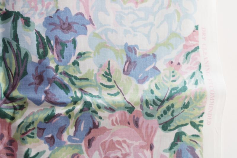 vintage cotton decorator fabric, Glory of the Garden floral print, soft pink & blue flowers