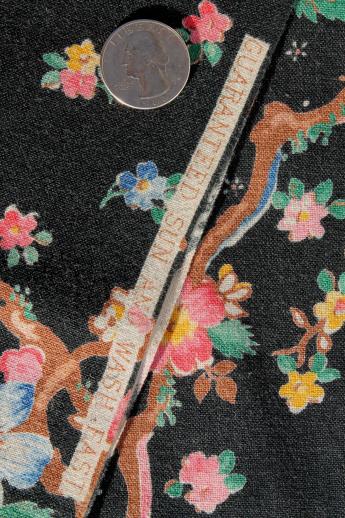 vintage cotton decorator fabric, chinoiserie print on black, chinese peony tree of life 