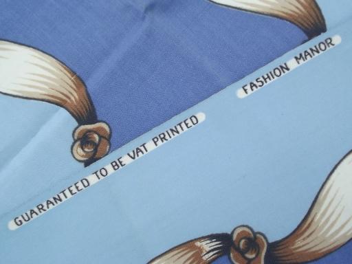 vintage cotton decorator upholstery fabric, twisting ribbons on blue