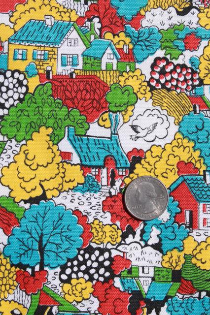 vintage cotton duck fabric, cottage print tiny houses in bright colors