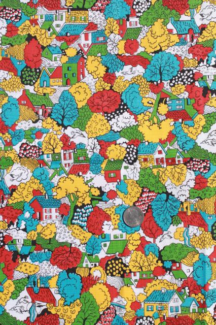 vintage cotton duck fabric, cottage print tiny houses in bright colors