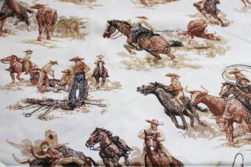 vintage cotton duck fabric, western style print, Texas cowboys horse cattle round up