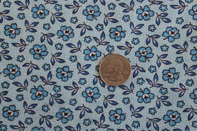 vintage cotton fabric 36 wide quilting weight material, shades of blue flower print