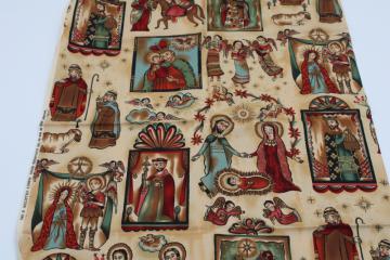 vintage cotton fabric, Christmas print Navidad birth of Christ religious icons illumination style art