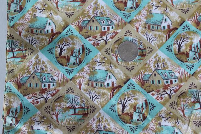 vintage cotton fabric, Currier and Ives scenes print in mint green & tan