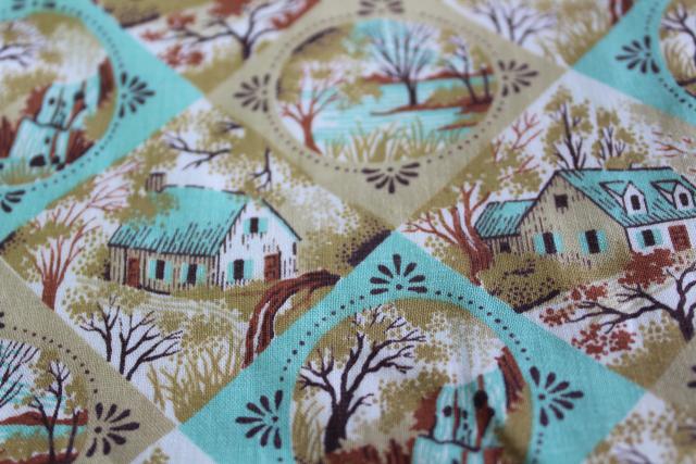 vintage cotton fabric, Currier and Ives scenes print in mint green & tan