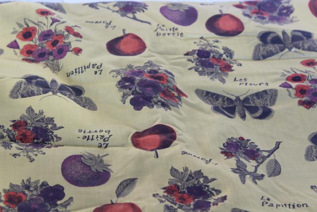 vintage cotton fabric, French botanical print fruit butterflies 7 yds 38 wide