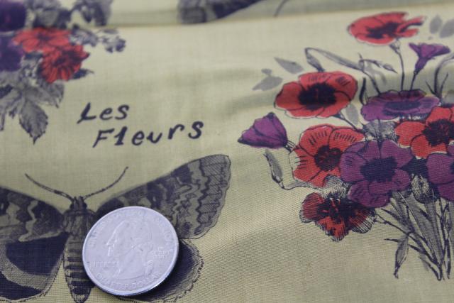 vintage cotton fabric, French botanical print fruit butterflies 7 yds 38 wide