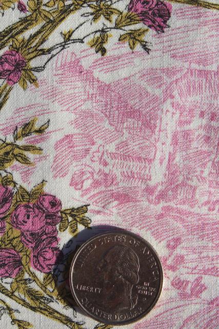 vintage cotton fabric, French country style toile print w/ Sleeping Beauty climbing roses