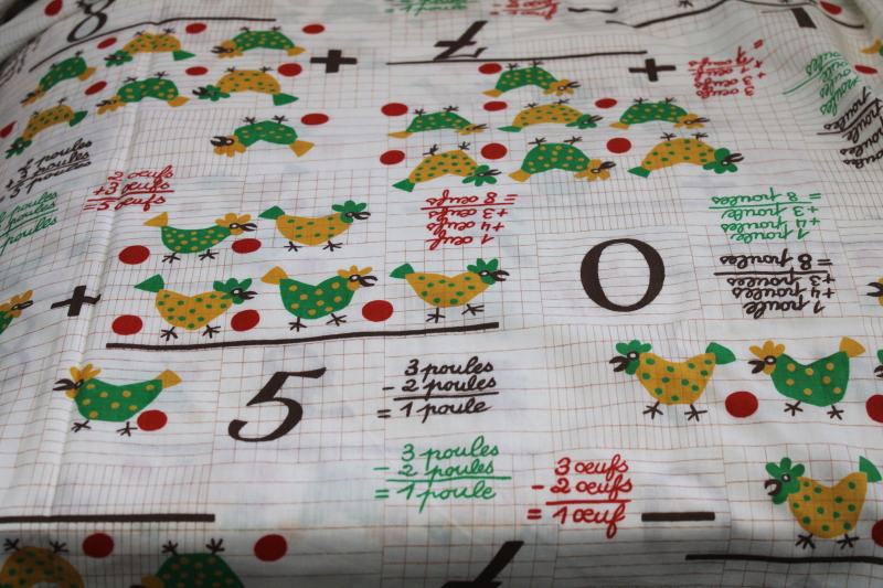 vintage cotton fabric, French hens chicken print w/ arithmetic equations, math nerd geek chic!
