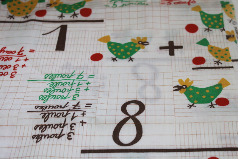 vintage cotton fabric, French hens chicken print w/ arithmetic equations, math nerd geek chic!