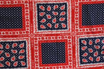 vintage cotton fabric w/ bandana print, red white and blue square blocks
