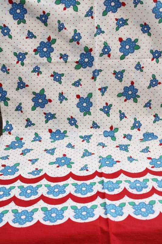 vintage cotton fabric w/ border print, red & blue scallops dotted flowers