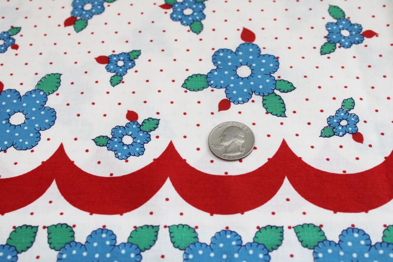 vintage cotton fabric w/ border print, red & blue scallops dotted flowers