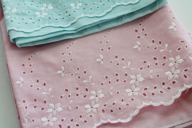 vintage cotton fabric w/ eyelet border, petticoat yardage pastel green, blue, pink