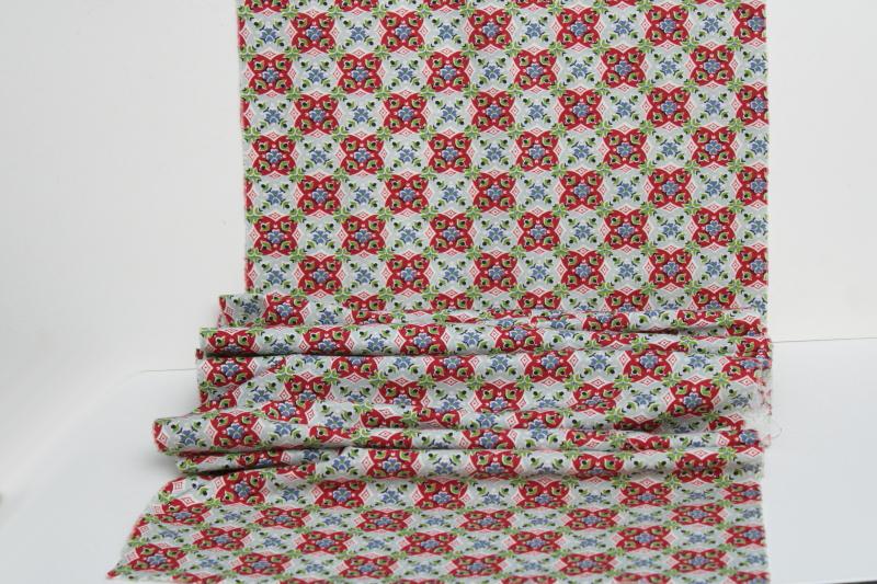 vintage cotton fabric, feed sack weave yardage w/ red, blue, green print