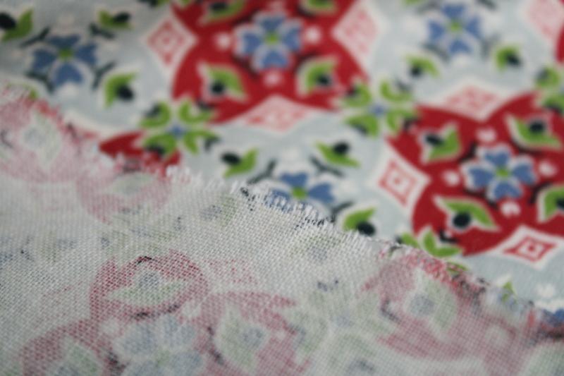 vintage cotton fabric, feed sack weave yardage w/ red, blue, green print