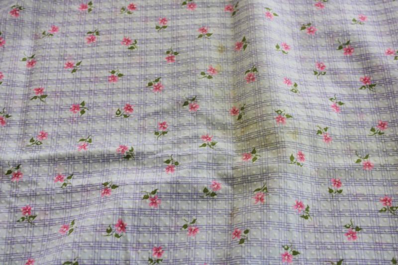 vintage cotton fabric, flocked dots dotted swiss w/ tiny flowers print, pink & lavender