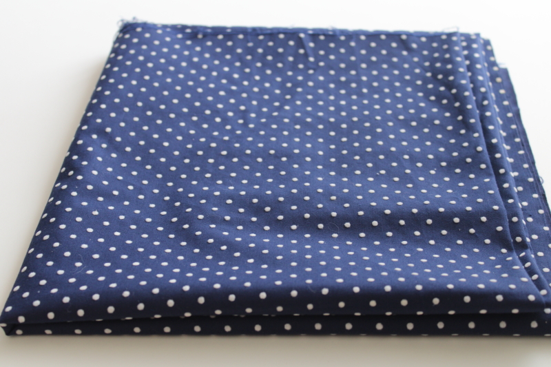 vintage cotton fabric w/ flocked dots print, white flocking on navy blue