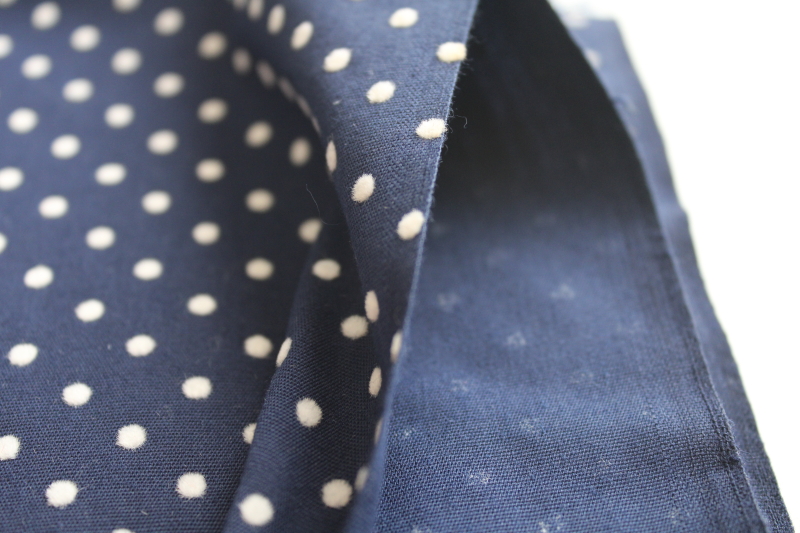 vintage cotton fabric w/ flocked dots print, white flocking on navy blue