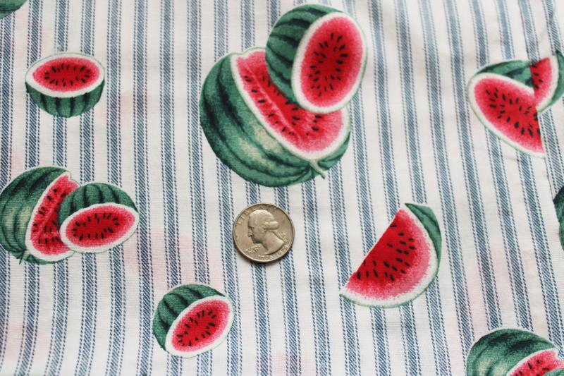 vintage cotton fabric for summer sewing, print ticking stripes w/ watermelons