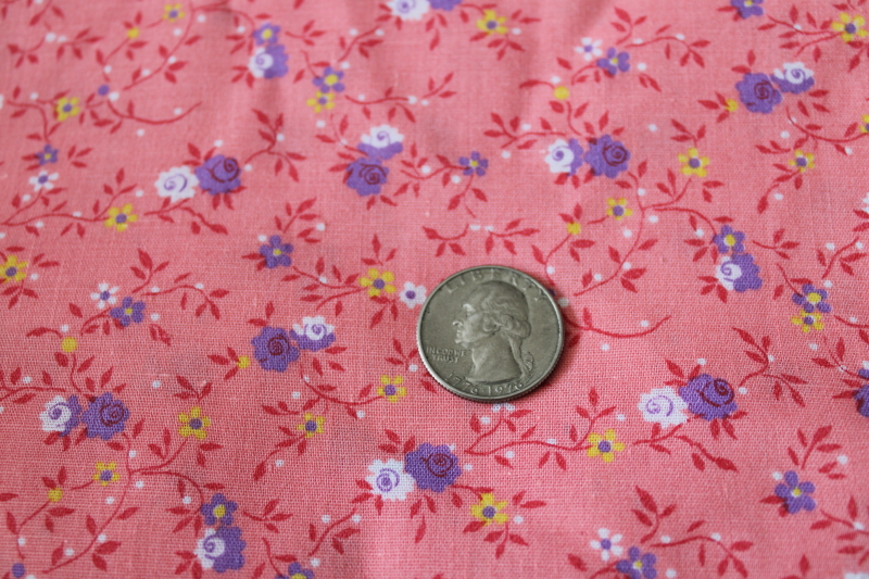 vintage cotton fabric, girly floral lavender on coral pink, 70s 80s Springs Mills