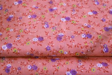vintage cotton fabric, girly floral lavender on coral pink, 70s 80s Springs Mills