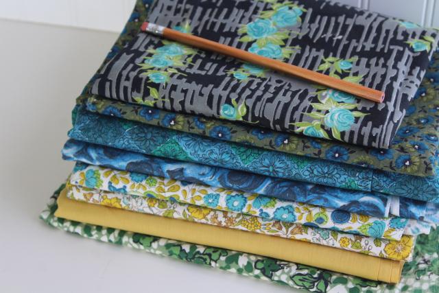 vintage cotton fabric, lot of blue green gold prints for quilting or small projects