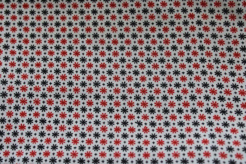 vintage cotton fabric, mid-century mod starbursts tiny print red & black on white