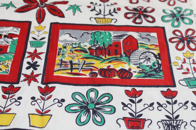vintage cotton fabric or feedsack, Pennsylvania Dutch style folk art print w/ barn scenes