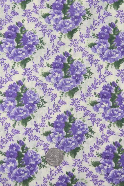 vintage cotton fabric w/ purple flowers print, retro mid-century floral