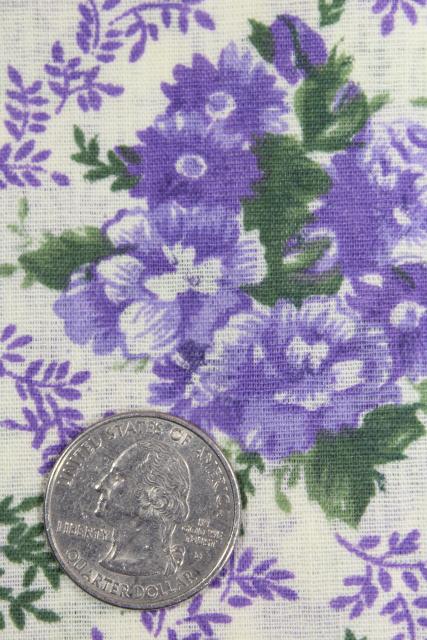 vintage cotton fabric w/ purple flowers print, retro mid-century 