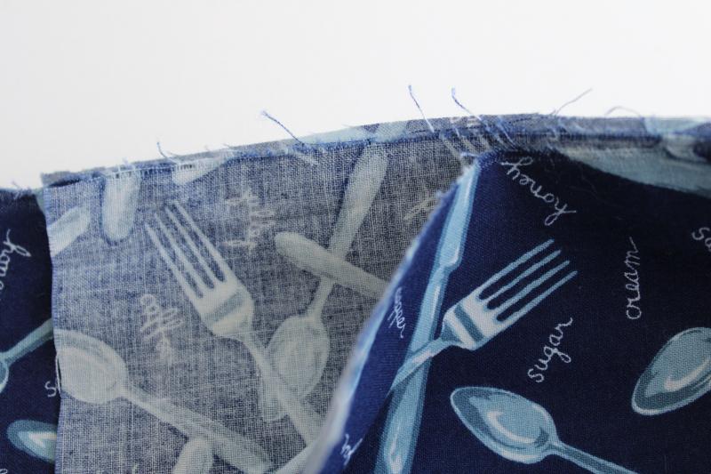 vintage cotton fabric, quilting weight kitchen spoons forks print navy blue