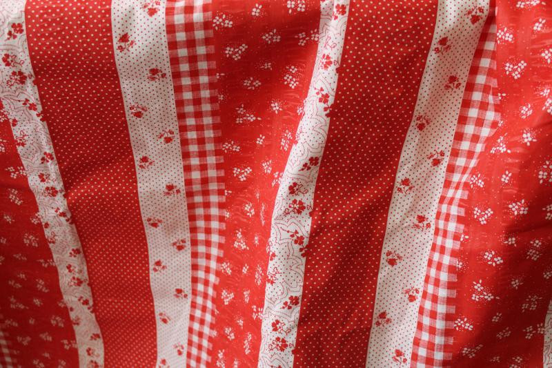 vintage cotton fabric, red & white calico stripe country cottage style flowered print
