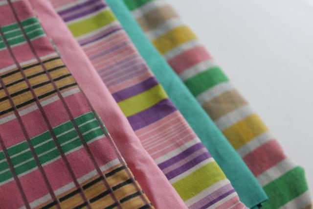 vintage cotton fabric, remnant lot preppy pink green stripes prints solid colors