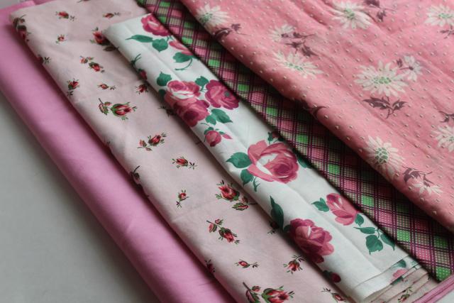 vintage cotton fabric, remnant lot rose prints, pink, floral dotted swiss