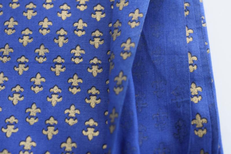 vintage cotton fabric, royal blue w/ metallic gold French fleur de lis print