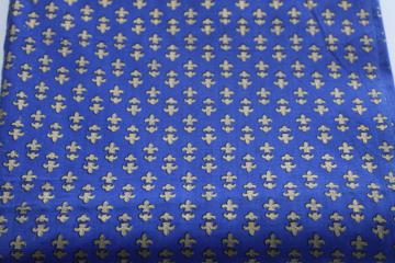 vintage cotton fabric, royal blue w/ metallic gold French fleur de lis print