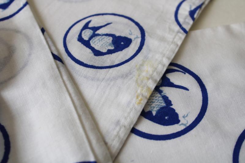 vintage cotton fabric set of 12 cloth napkins koi or carp fish print blue on white