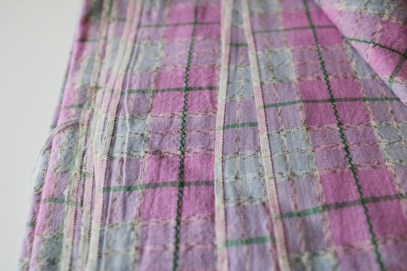 vintage cotton fabric, summer weight airy woven plaid in lilac, grey, army green