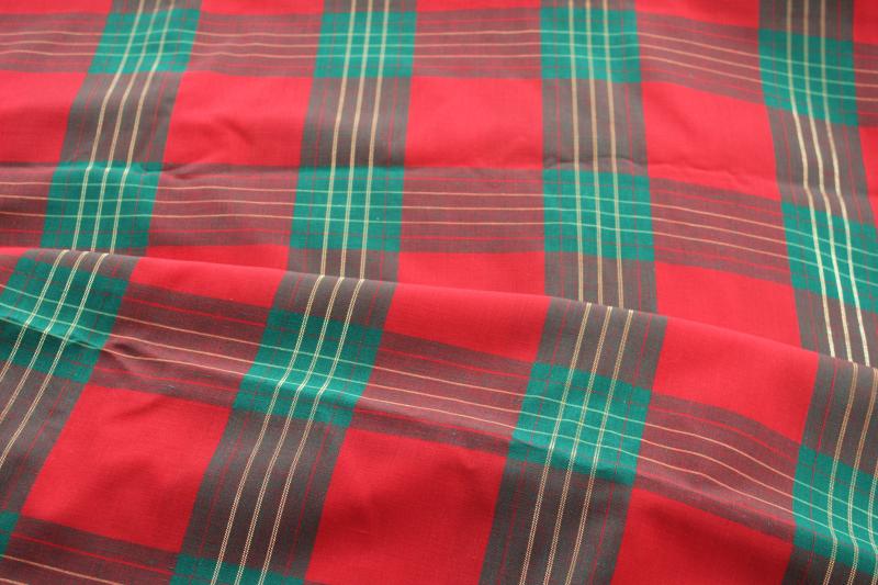 vintage cotton fabric tartan plaid Christmas red & green w/ metallic gold