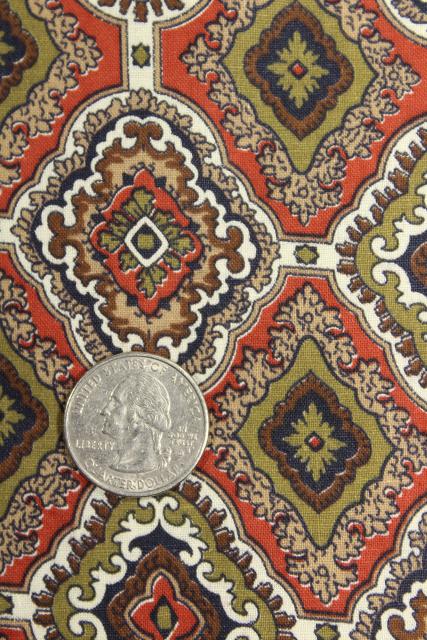 vintage cotton fabric, tile print in terracotta red, olive green, brown