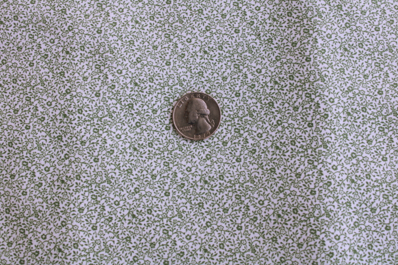 vintage cotton fabric, tiny floral print in soft green on white, prairie style cottage core