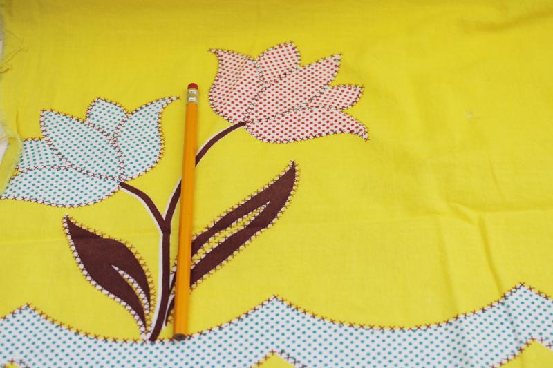 vintage cotton feed sack fabric, applique print, calico tulips on yellow