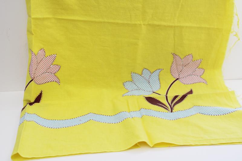 vintage cotton feed sack fabric, applique print, calico tulips on yellow