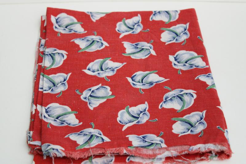 vintage cotton feed sack fabric, art deco floral print grey and red