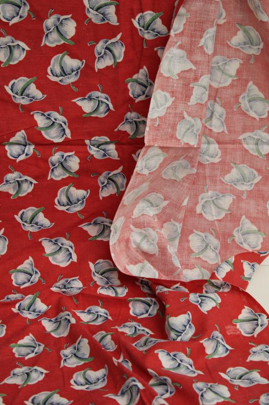 vintage cotton feed sack fabric, art deco floral print grey and red