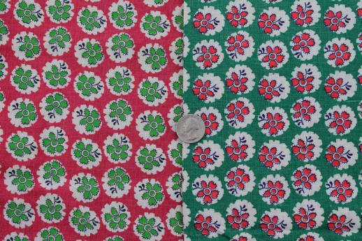 vintage cotton feed sack fabric, barn red & green flowered print cotton sacking 