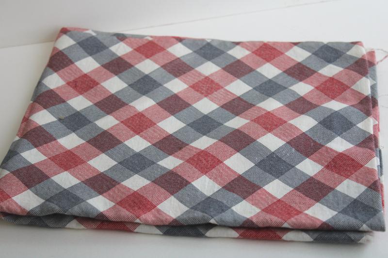 vintage cotton feed sack fabric, barn red & navy blue print plaid